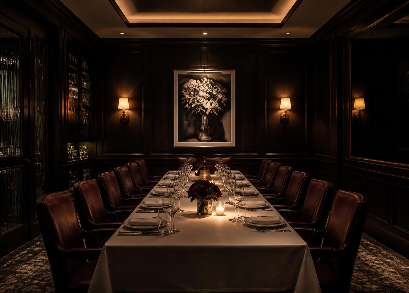 Private dining room set for twelve guests
